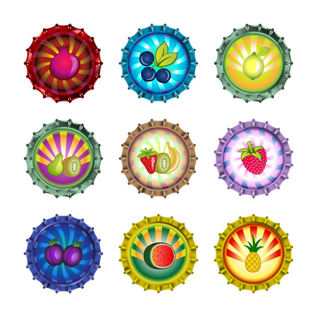 Vector illustration of bottle caps set, decorated with different fruits.のイラスト素材