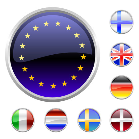 Vector Illustration of round buttons set, decorated with the flags of european countries.のイラスト素材