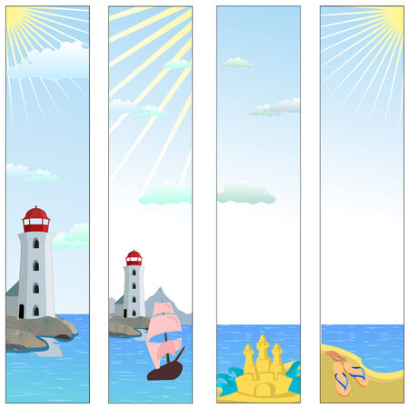 Vector illustration of Colorful banners set with  lighthouse on a beach with boat and reflective sea water のイラスト素材