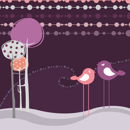 Vector Illustration of retro Flowery design greeting card with two of retro-style birds のイラスト素材