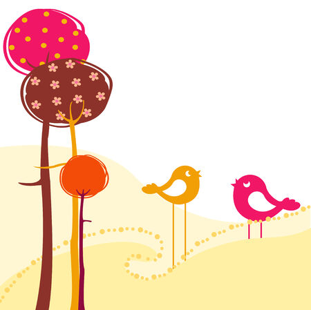 Vector Illustration of retro Flowery design greeting card with two of retro-style birds のイラスト素材