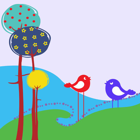  Illustration of retro Flowery design greeting card with two of retro-style birdsのイラスト素材