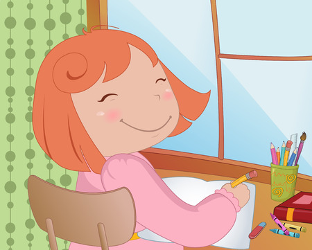 Vector Illustration of little schoolgirl sitting at a desk learning to writeのイラスト素材