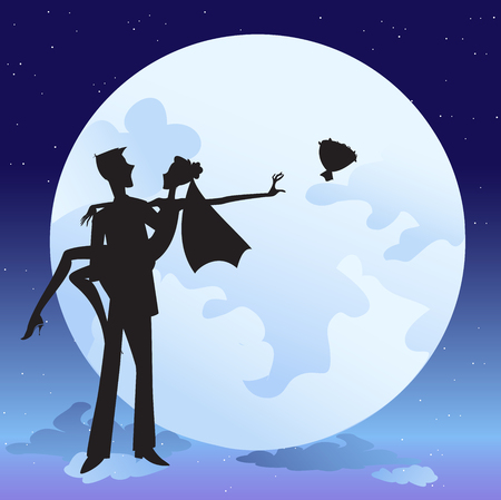 Vector illustration of  bride and bridegroom in  romantic night on the sky background with Giant beautiful full moonのイラスト素材