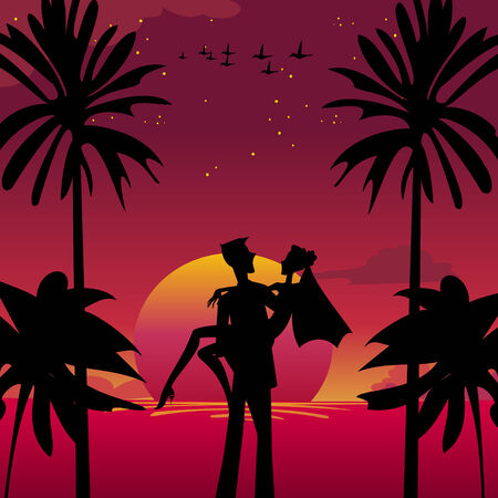 Vector illustration of bride and bridegroom in romantic tropical night ...