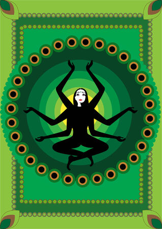 illustration of stylized fairy Indian woman , seatting in lotus pose on the sunny, red backgroundのイラスト素材