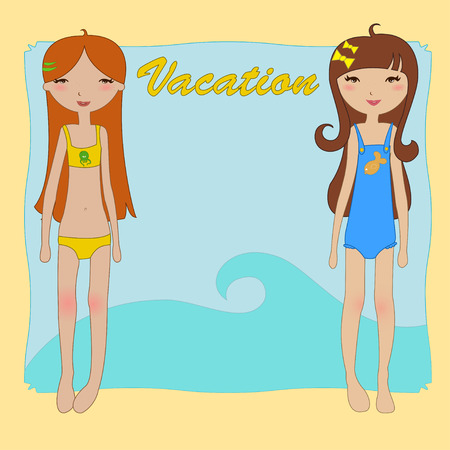 Illustration of funny summer background with two little girls on the beach.のイラスト素材