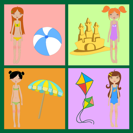 Illustration of funny summer icons, decorated with little girls.のイラスト素材