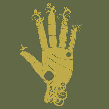 Illustration of human hand silhouette with abstract decorative elements.のイラスト素材
