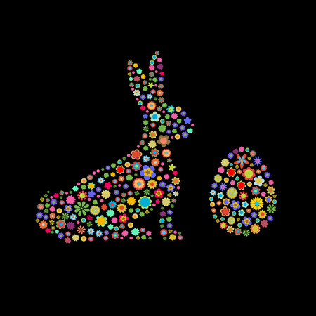Vector illustration of the rabbit and the egg shape  made up a lot of  green small flowers on the black backgroundのイラスト素材