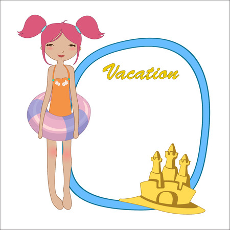 060271 Vector Illustration of funny Kiddie style design summer background with the little girl and the sandcastleのイラスト素材