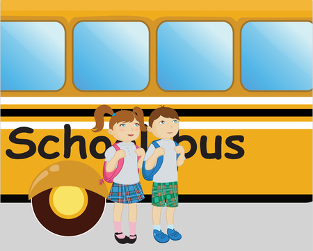 little boy and girl standing near the school bus.のイラスト素材