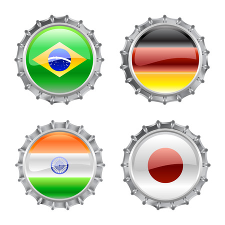 Vector Illustration of round bottle caps set, decorated with the flags of the worldのイラスト素材