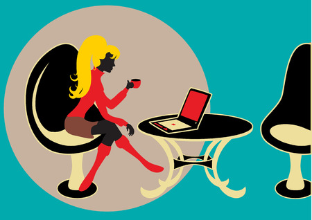 Vector Illuctration of young business woman, working on the computer and drinking coffee. Includes office equipment, table and chairs.
のイラスト素材