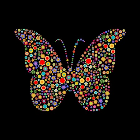 illustration of butterfly shape  made up a lot of  multicolored small flowers on the black backgroundの写真素材