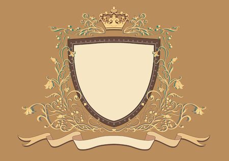 Illuctration of Heraldic shield with floral Decorative ornament and crown on the top の写真素材