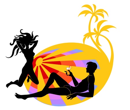 illustration of handsome young man looking on the woman and drinking a cocktail. On the sunny, beach background.の写真素材