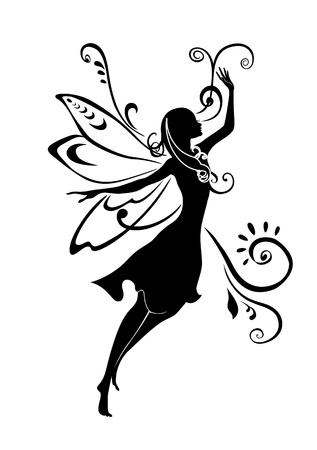 Illustration Silhouette of funky fairy on flower pattern designの写真素材