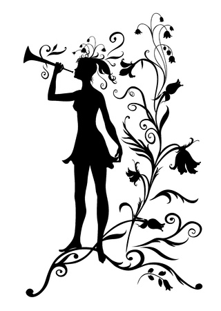 Illustration Silhouette of funky fairy on flower pattern designの写真素材