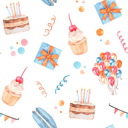 Pattern made from a set of watercolor vintage illustrations on the theme of birthday. Cake, cupcake, macaroon, balloons, confetti and a gift. Isolated on a white background. For your design.の写真素材