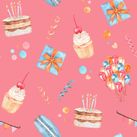 Pattern made from a set of watercolor vintage illustrations on the theme of birthday. Cake, cupcake, macaroon, balloons, confetti and a gift. Isolated on a pink background. For your design.の写真素材