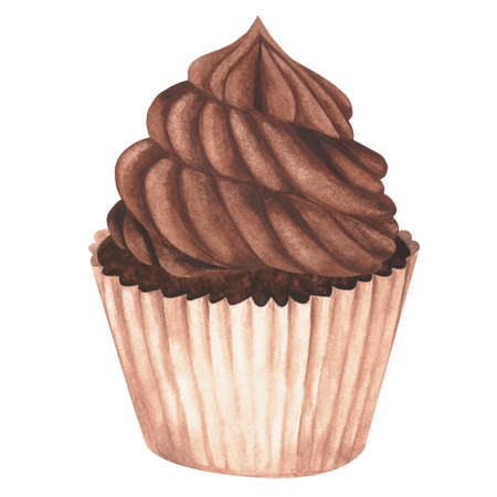 Chocolate cupcake. Watercolor vintage illustration. Isolated on a white background. For your design. Suitable for the design of postcards, wedding invitations, stickers and so on.の写真素材