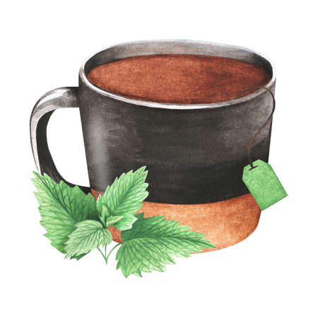 A mug of mint tea. Watercolor vintage illustration. Isolated on a white background. For your design. Suitable for the design of postcards, stickers and so on.の写真素材