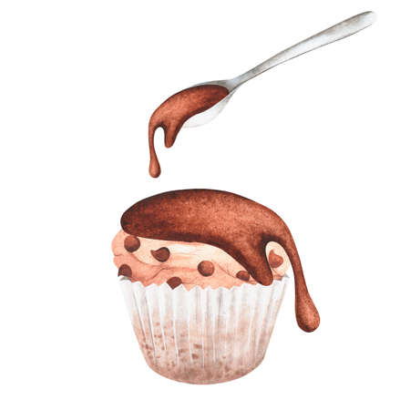 Cupcake poured with chocolate. Watercolor vintage illustration. Isolated on a white background. For...