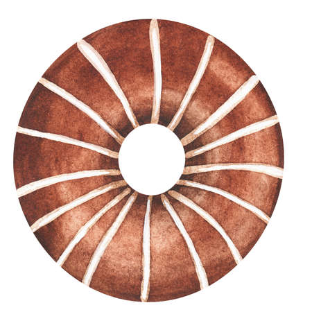 Donut with chocolate. Watercolor vintage illustration. Isolated on a white background. For your design. Suitable for the design of postcards, invitations, stickers and so on.の写真素材