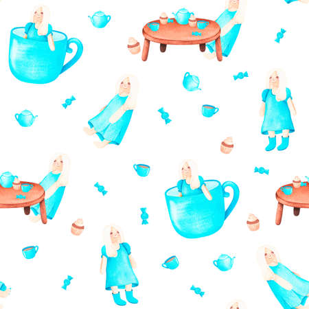 Seamless pattern with dolls. Watercolor vintage illustration on a white background. For your design.の写真素材