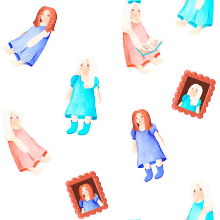 Dolls, books and toys. Watercolor vintage illustration. Isolated on a white background. For your design. Suitable for children's clothing and accessories, postcards, fabric, stickers, gift packaging.の写真素材