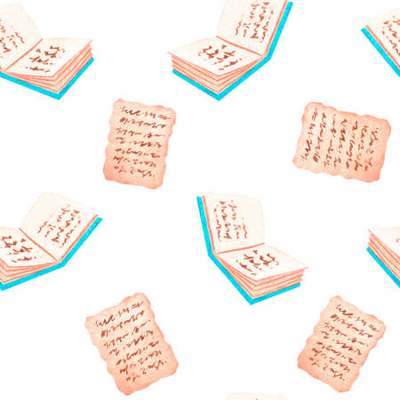 Book pages. Seamless pattern. Watercolor vintage illustration. Isolated on a white background. For your design. Suitable for postcards, invitations, business cards, tags, educational website design.の写真素材