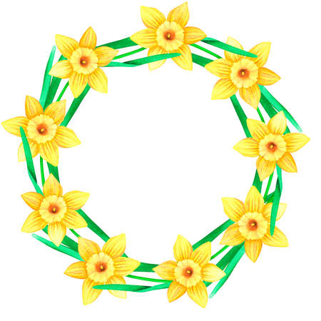 A wreath of daffodils. Watercolor vintage illustration. Isolated on a white background. For design.の写真素材
