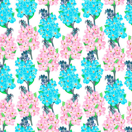 Blue and pink forget-me-not. Pattern. Watercolor botanical illustration. Isolated image on a white background. For your design.の写真素材