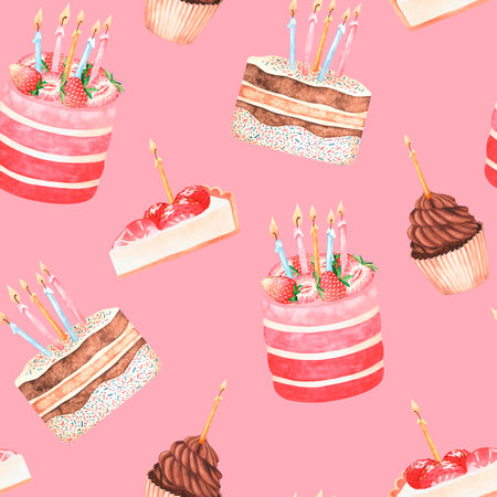 Seamless pattern of strawberry sweets.Watercolor vintage illustration.Isolated on a pink backgroundの写真素材