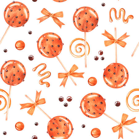 Honey lollipops. Caramel. Seamless pattern. Watercolor illustration. Isolated on a white backgroundの写真素材