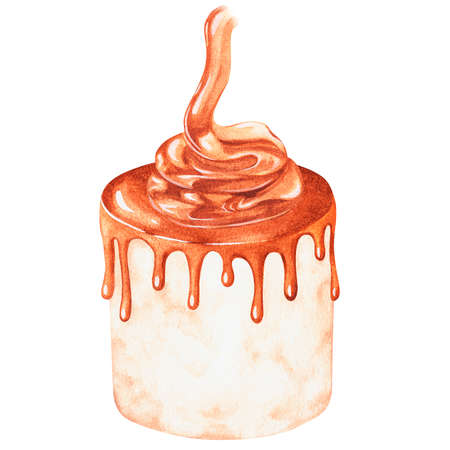 A cake and a jar of caramel.Sweets.Watercolor illustration. Isolated on a white backgroundの写真素材