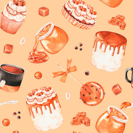 Caramel desserts. Sweets. Seamless pattern. Watercolor illustration. Isolated on a beige backgroundの写真素材