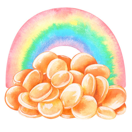 Rainbow and Coins. St. Patricks Day. Watercolor illustration. Isolated on a white background.の写真素材