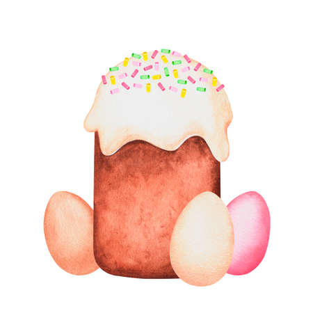 Easter cake and eggs. Watercolor easter illustration. Isolated on a white background.