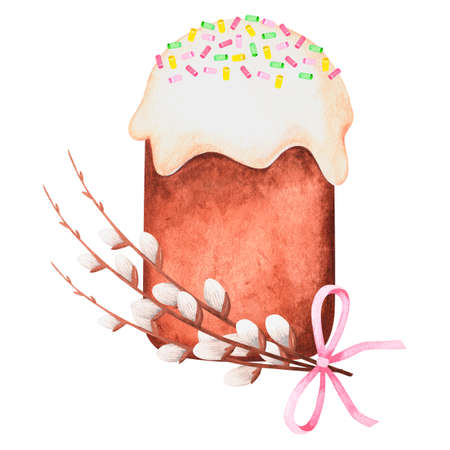 Easter cake and pussy willow. Watercolor easter illustration. Isolated on a white background.