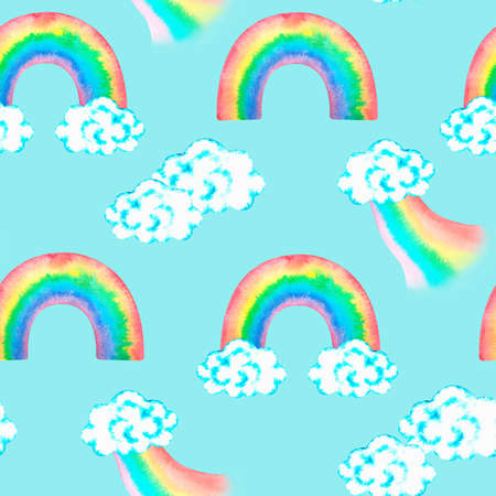 Rainbow Seamless Pattern. St. Patricks Day. Watercolor illustration.Isolated on a blue background.の写真素材
