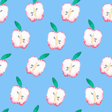 Apples. Seamless pattern. Watercolor illustration. Isolated on a blue background. For your design.の写真素材