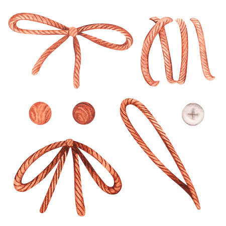 A bow made of waxed rope and cotton thread. Watercolor illustration. Isolated on a white background.