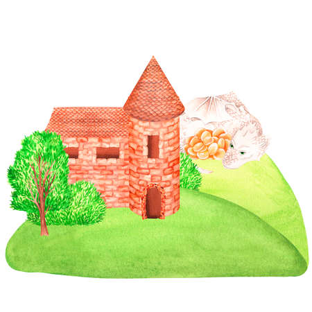 Castle on the hill and a dragon with gold. watercolor illustration. isolated on a white background. For design of children's clothing, nursery interior items, stationery, illustrations of fairy tales.の写真素材