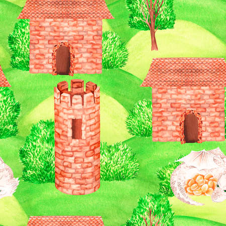 Seamless pattern. Castle on the hill and the dragon. watercolor illustration. isolated on a white background. For design of clothing, nursery interior items, book covers, illustrations of fairy tales.の写真素材