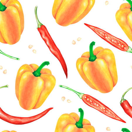 Sweet yellow and red hot pepper. watercolor illustration. isolated on a white background. For your design cookbooks, recipes, aprons, kitchen accessories, stickers, dishes, food and condiment packs.の写真素材
