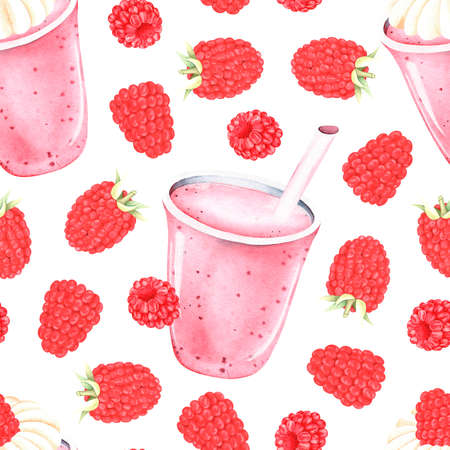 Seamless pattern. Smoothies with raspberries. watercolor illustration. isolated on a white background. For your design cookbooks, recipes, aprons, kitchen accessories, stickers, dishes, food packs.の写真素材
