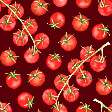 Cherry tomatoes seamless pattern. watercolor illustration. Isolated on a dark red background.For...