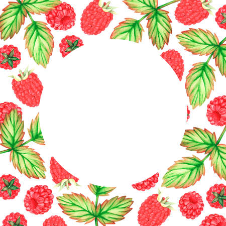 Square raspberry frame. Watercolor illustration. Isolated on a white background. For design.